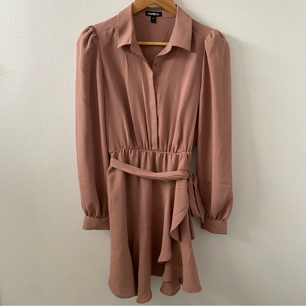Express Belted Puff Long Sleeve Dress